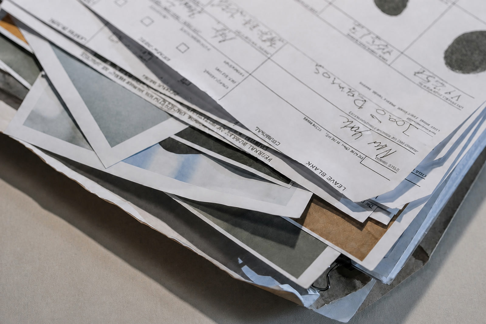 Stack of administrative papers and overlapping records